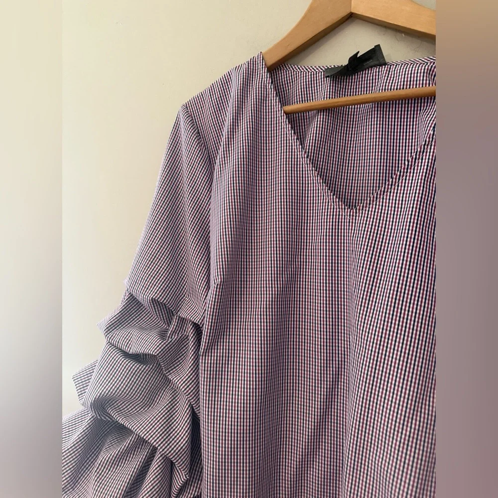 Anthropologie top‎ Sunday in BrooklynPlaid puff sleeve blouse bow tie wrap
